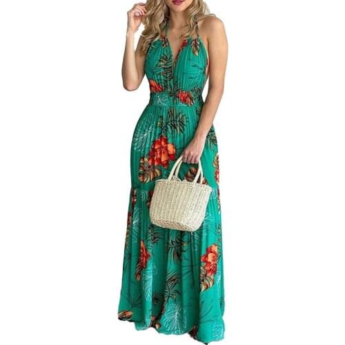 Women Summer Dress Floral Print Halter Fashion Slim Sexy Backless Large Hem Dress for Beach Hight Waist Lady Long Dresses