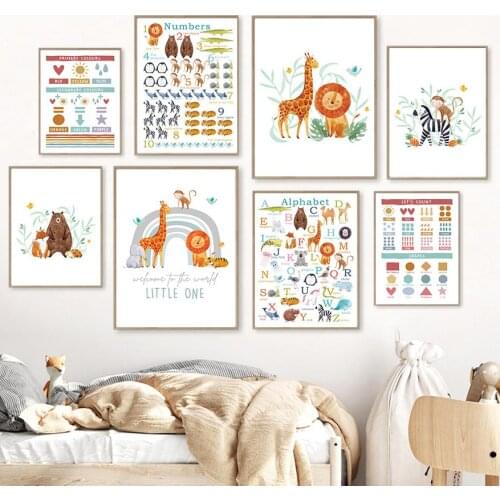 Animal Alphabet Numbers Lion Giraffe Jungle Wall Art Canvas Painting Nordic Posters And Prints Wall Pictures For Kids Room Decor