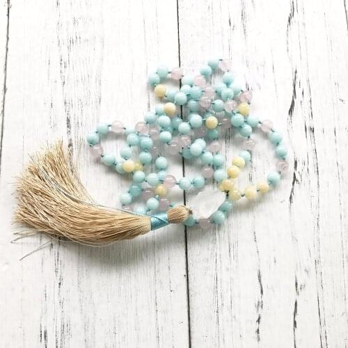 108 Mala Beads Necklace Imitation Amazonite Necklace Rosequartz Hand Knotted Jewelry Bule Prayer Meditation Tassel Necklaces