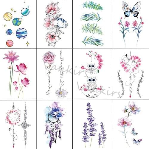 Watercolor Planetary Temporary Tattoos For Adults Kids Lotus Rose Cat Butterfly Lavender Fake Tattoo Sticker Arm Body Tatoos DIY