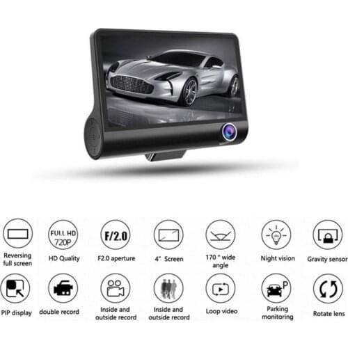 Car DVR 3 Camera Lens Dashcam 1080P HD 4 Inch Touch Screen Auto Video Recorder Front Rear View 24h Reversing Backup