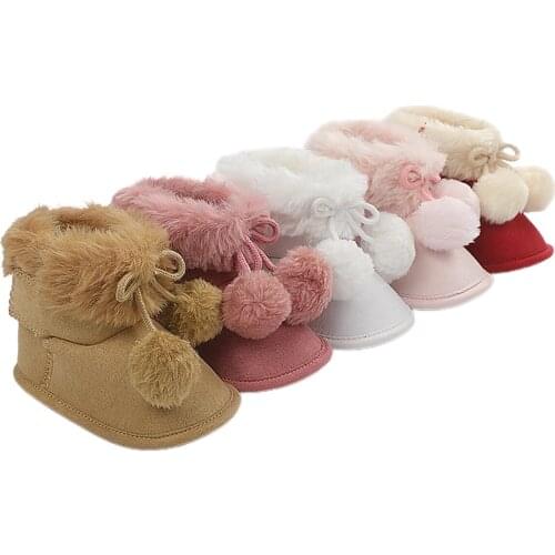 Baby Winter Warm Snow Boots, Soft Sole Fur Lined Pom Pom Ankle Booties Non-Slip Infant Prewalkers