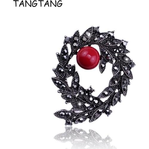 Full Black Rhinestone Layin Red natural Stone Wreath Brooch Pin New Luxurious Antique Black Plating Charming Jewelry Vintage