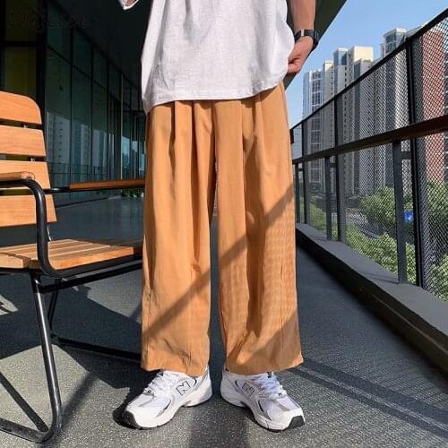 Men Casual Solid Pants Loose Wide Leg Straight Ankle Length Summer Thin All-match Harajuku Streetwear Trousers Students Ulzzang