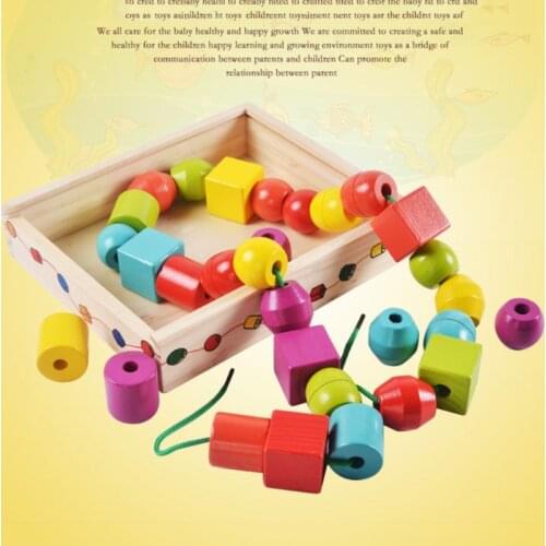 Geometric Shape Wooden Lacing Beads Kids Montessori Blocks Threading Educational Toy Gift for Children