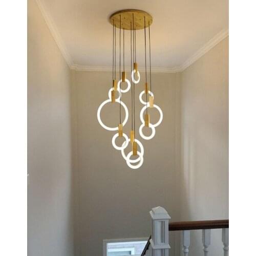 Wooden LED chandelier modern living room ring rotating stairwell long chandelier hotel lobby lighting can be customized 90-260V