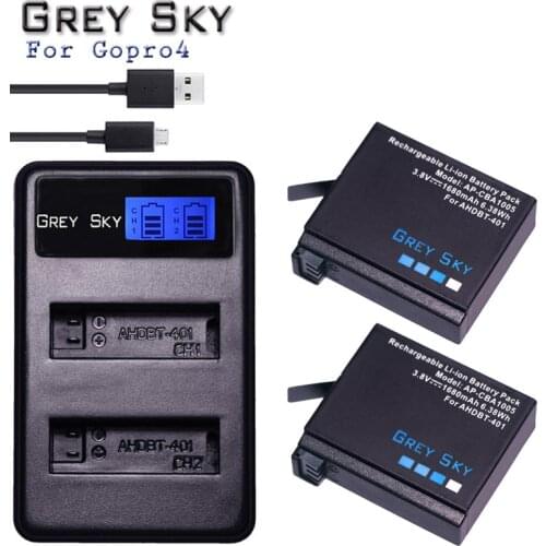 For GoPro Hero4 Hero 4 battery +LCD dual charger for go pro AHDBT-401 HERO4 Black Silver action camera accessory