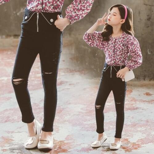 Hole Broken Jeans For Girls Spring Denim Skinny Trousers Zipper High Waist Casual Style Children Jeans For Girls 6 8 10 12 Year