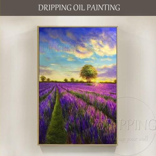 Skilled Artist Hand-painted High Quality Impressionist Lavender Landscape Oil Painting on Canvas Flowers Landscape Oil Painting