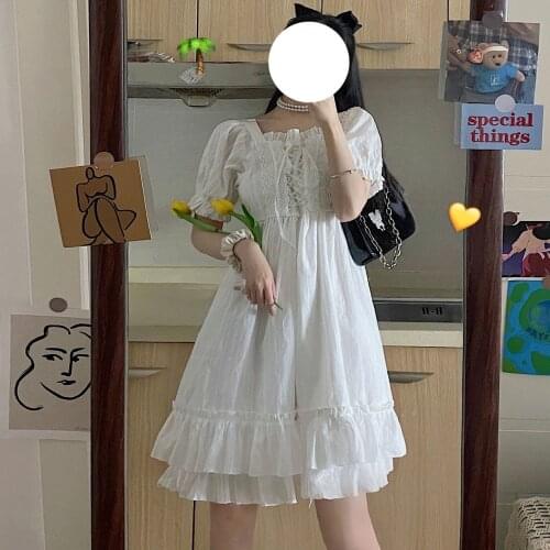 COOLFEL Summer Lolita Dress White Lace Ruffles Sweet A-Line Dress Soft Girls Puff Sleeve Dress For Women