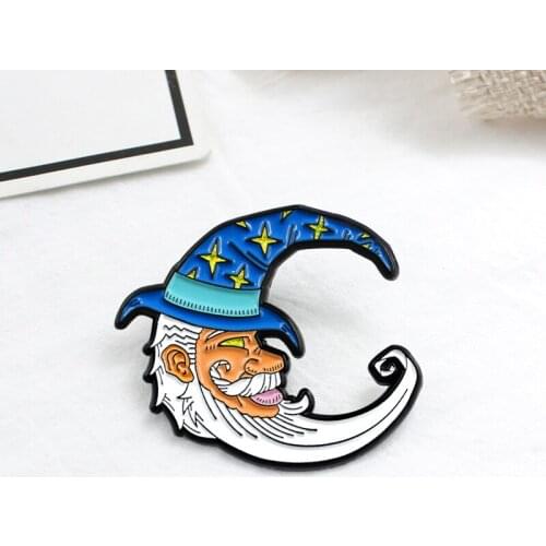 Cartoon fashion moon magic type parent white beard grandfather witch hat brooch enamel badge clothes coat holiday gift brooch