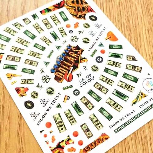 Newest CA439 US dollar design nail art sticker decal stamping back glue DIY decoration for nail art