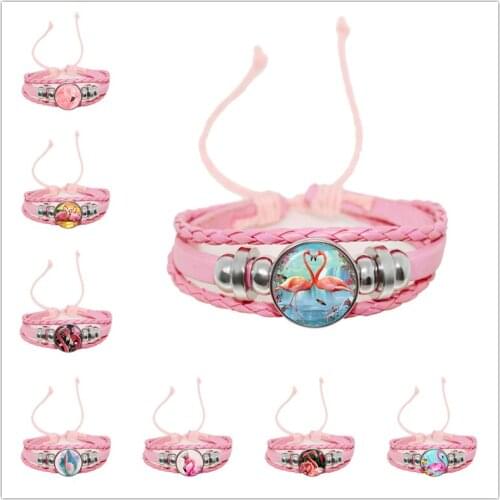 2021 New Arrival Flamingo Bracelet 18mm Glass Cabochon Pink Leather Adjustable Bangle Bracelets Jewelry Women Girls Gift