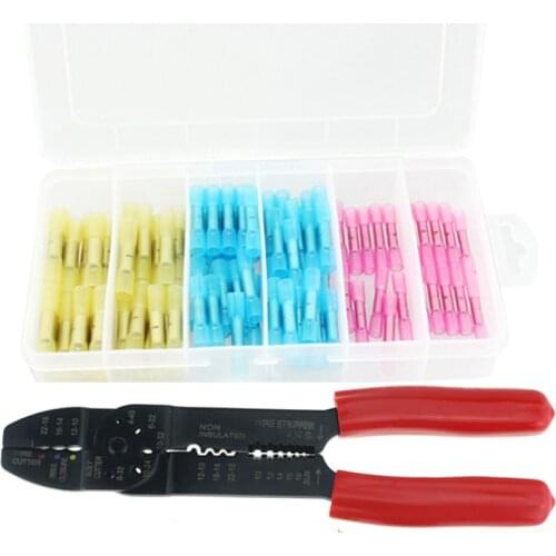 Wire Crimping Tool Cutter Crimper Stripper with 100pcs Heat Shrink Butt Splices Connector Terminals Assortment Kit