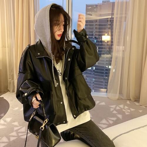Autumn Women Streetwear Oversized Black Pu Faux Soft Leather Jacket Casual Female Fake 2 Piece Hooded Zipper Loose Biker Coats