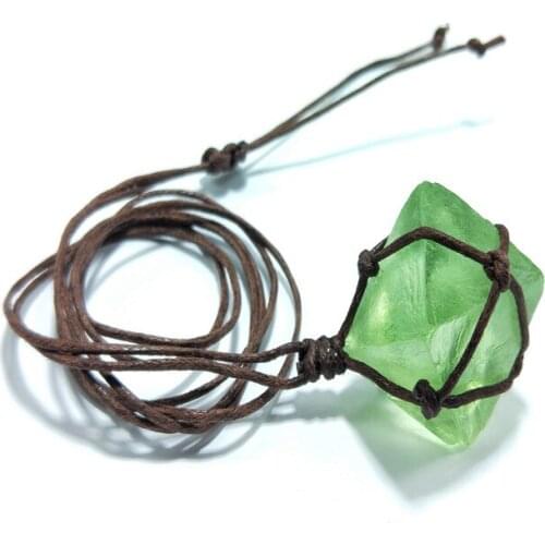 Braided Rope Wrapped Octahedron Green Fluorite Pendant Necklace Natural Stone Jewelry Healing Chakra Gem Necklace Unique Gift