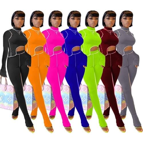 Casual Sportsuit Women Fitness hollow Out Two Pieces Set long Sleeve crop top + Pants Sportwear