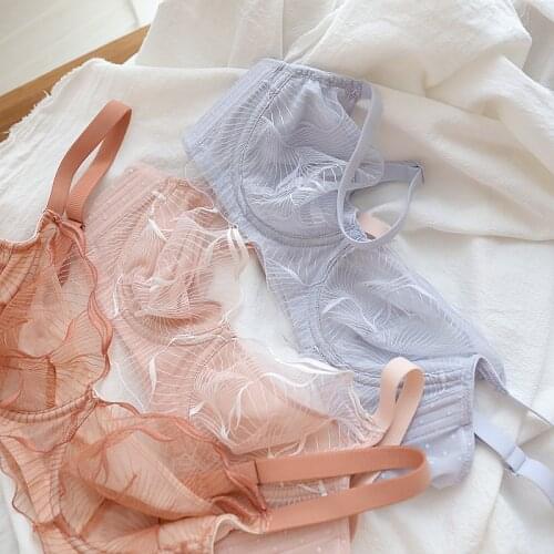 Romantic exquisite embroidered underwear womens ultra-thin bralette petal cup soft steel ring upper support gather bra set