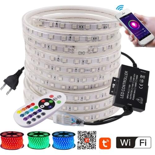 WIFI Control RGB LED Strip Lamp EU UK AU 220V US 110V 1500W Controller+24key Remote Waterproof Flexible Tape LED Rope Light