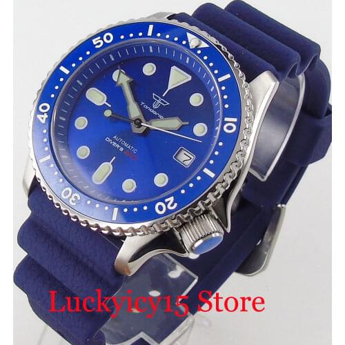Tandorio Brand 24 Jewels NH35A Blue Sunburst Luminous Mechanical Men Watch Solid Back Flat Sapphire Glass Date Display