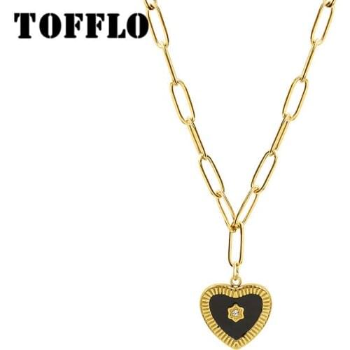 TOFFLO Stainless Steel Jewelry Black Peach Heart Drop Oil Handmade Necklace Womens Retro Cavicle Chain BSP1019
