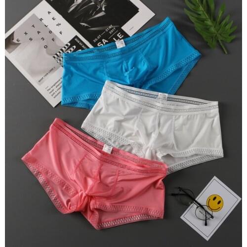 3PC Mens Underwear Boxers Translucent Underwear Ice Silk Mens Panties Large Size Mens Shorts with Print Low-Rise Breathable