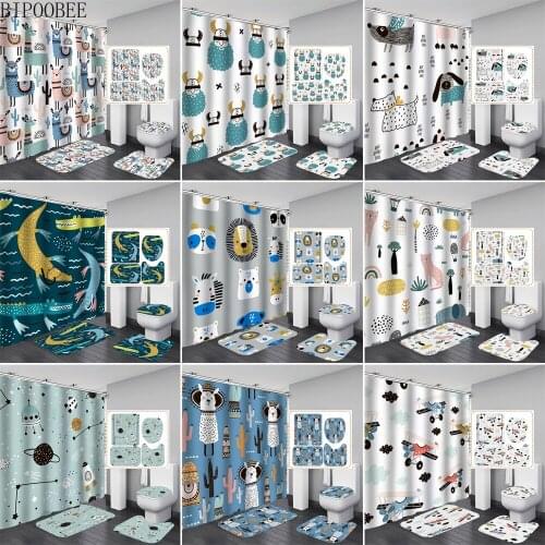 Funny Animal Printed Shower Curtains Alpaca Crocodile Lion Bathroom Curtain Flannel Bath Mats Rugs Toilet Cover Anti-slip Rug