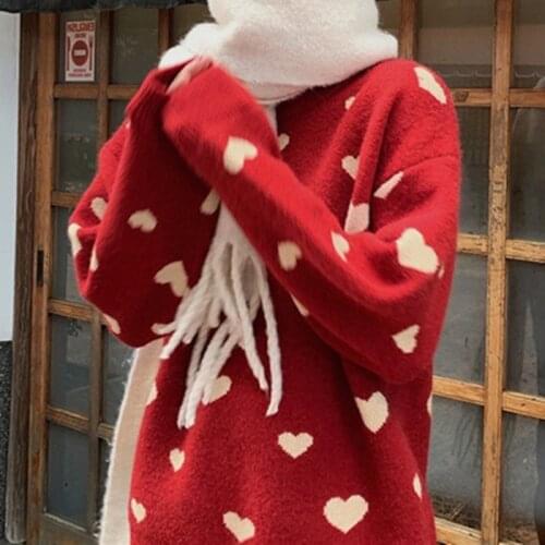 Korean Style Women Clothes Heart Sweater Sweet Kawaii O-Neck Pullover Women Loose Jumper Jerseys Mujer Moda 2020 Invierno