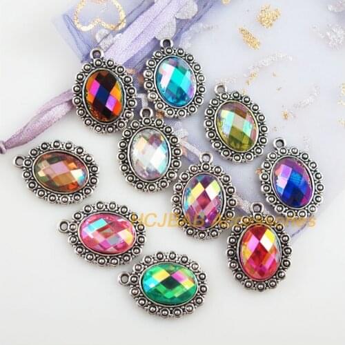 Fashion 10Pcs New Flower Charms Tibetan Silver Tone Oval Acrylic Mixed Pendants 18x24mm