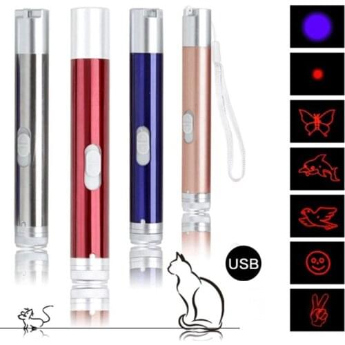 3 In 1 Stainless Steel Mini Rechargeable Flashlight Laser pen 5 Patterns Purple Light Funny Cat Stick Pet Toy Cat Chase Toy
