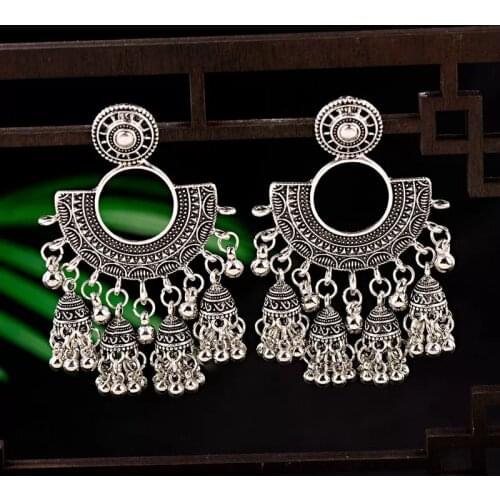 Afghan India Vintage Big Long Tassel Bell Oxidized Statement Earrings Fan for Women Jhumka Egypt Gypsy Tribal Gold Jewelry 2019