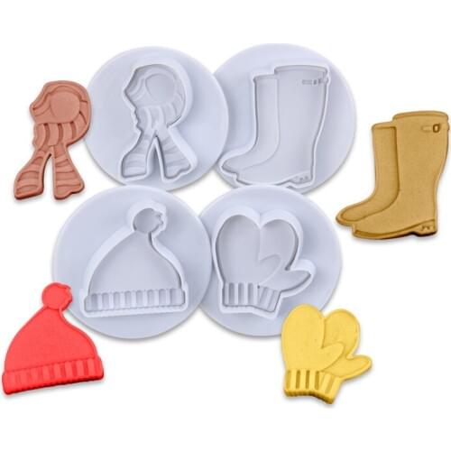 Free Shipping Plastic 4pcs Gloves, Hats, Scarves,Shoes Set Plastic Plunger Cutter Cookie Molds set Cake Decorating Tools set