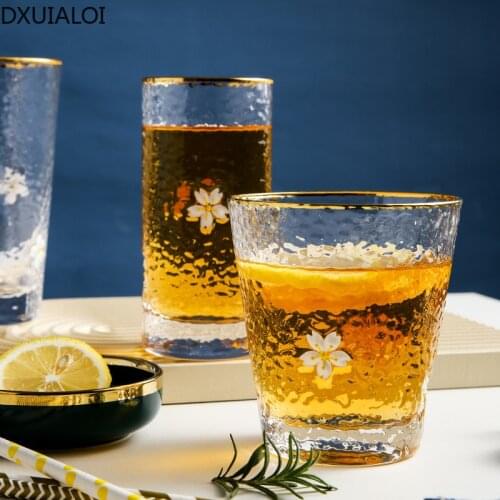 DXUIALOI Creative Hammered Transparent Water Cup Home Phnom Penh Cherry Blossom Glass cup Breakfast Milk Cup Juice Cup