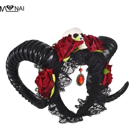 Demon Sheep Horn Rose Flower Headband Gothic Kawaii Skull Horror Halloween Party Cosplay Retro Hair Accessories Vintage Hairpin