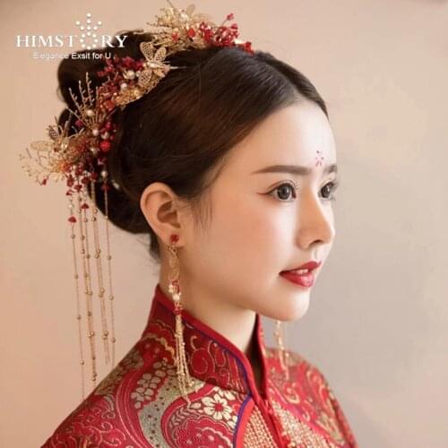 HIMSTORY Luxury Chinese Style Gold Bridal Headwear Costume Red dragonfly Hairpin with Earrings Wedding Jewelry Hair Accessories