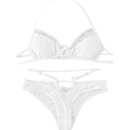 Sexy Lace Bra Panty Set Womens Strap Hollow Set Pajamas Sexy Lingerie Bralette Thong Panties G-string Underwear Wire Free Bra