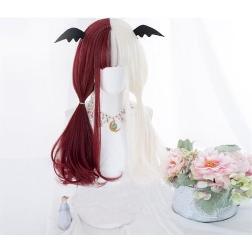 CosplayMix Half Red Mixed White Bob Ombre 65CM/40CM Long Straight Wavy Bangs Cute Synthetic Halloween Cosplay Wig+Cap