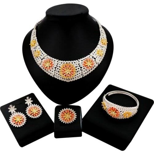 Yulaili Latest Arrival Cubic Zirconia Duabi Crystal Flower Cover Necklace Bracelet Earring Ring Jewelry Sets for Women Wedding
