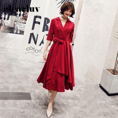 Burgundy A-Line Women Party Gowns DR307 V-Neck Bow Elegant Evening Dresses Half Sleeve Vestidos Tea-Length Formal Dress 2020