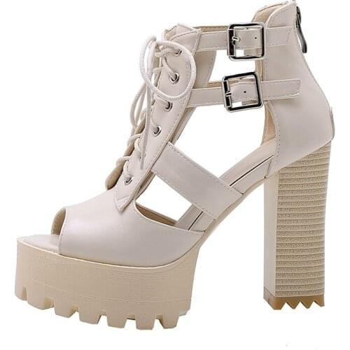 Summer Women clear heels Sandals fashion sexy new Narrow band Back zipper Buckle Chunky heels consice height Cross tied 32-42