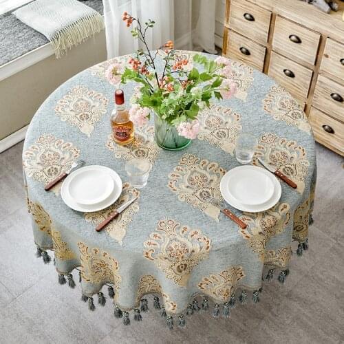 Luxury European Style Round Table Cloth with Tassel Embrodered Jacquard Table Cover Coffee House Home Decoration Tablecloth