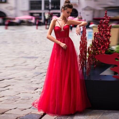 Sexy Red Evening Dresses 2021 Elegant Party Women Long Beaded Tulle Robe De Soiree Temperament Prom Gowns Criss Cross
