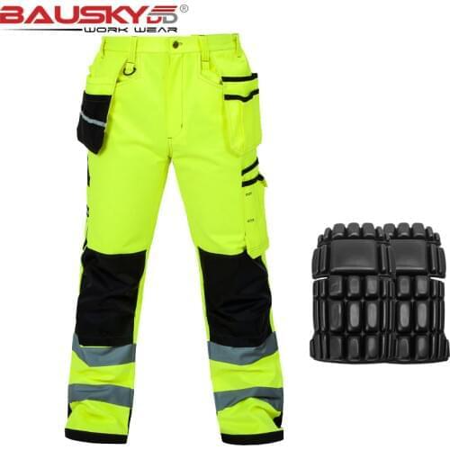 Hi Vis Reflective Pants Men Fluorescent Yellow Reflective Safety Work Cargo Pants Plumber Electrician Repairman Mechanic Pants