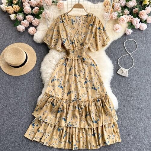 Teeuiear boho vintage ruffles v neck floral print long Dress Summer party elastic waist Women elegant tunic beach holiday dress