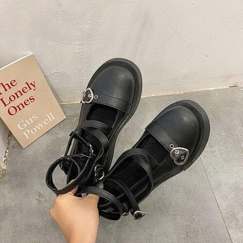 Sweet Lolita Shoes Platform Round Head Thick Heel Cross Bandage Women Shoes Kawaii Shoes Cosplay Mary Jane Shoes Heart Buckle