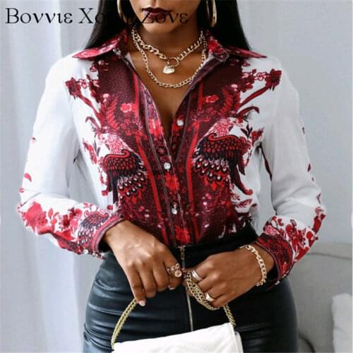 Women Turn-down Collar Buttoned Design Red Phoenix Print Long Sleeve Shirt Oversized Blouse