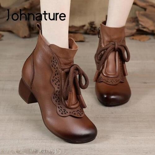 Johnature Retro Winter Shoes Women Boots Genuine Leather Zip Round Toe Handmade Concise Leisure Sewing Ankle Platform Boots