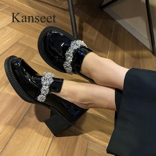 Kanseet 2021 New Women Pumps Spring Autumn Crystal Bead Black Genuine Leather Round Toe High Heel Footwear Casual Handmade Shoes