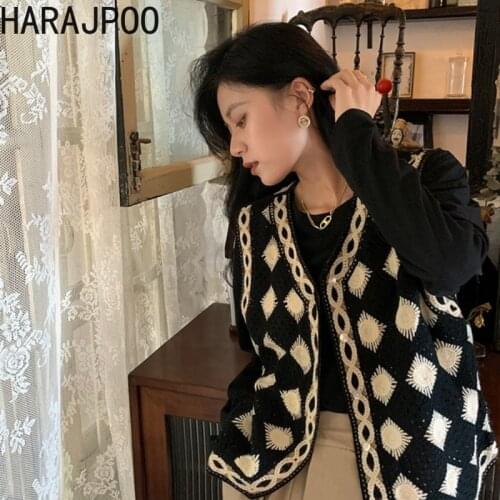 Harajpoo Women Waistcoat 2021 New Korean Style Ins Spring Autumn V Neck Thin Outer Sweater Black Knitted Cropped Clothes Vest