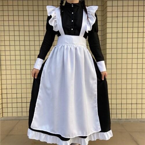 Womens Classic Lolita Maid Dress Vintage Inspired Womens Outfits Cosplay Anime Girl Black Long Sleeve Dress S-4XL